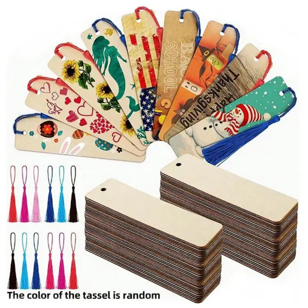70pcs Wooden Blank Bookmarks and Unfinished Wood Tassels Set