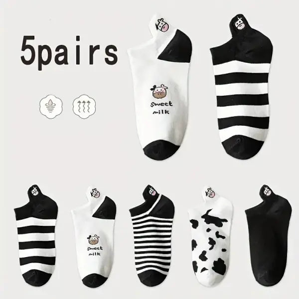 Women Cartoon Patterned Low Tube Socks - 5 Pairs 10 / One Size