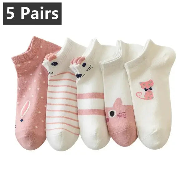 Women Cartoon Patterned Low Tube Socks - 5 Pairs 7 / One Size