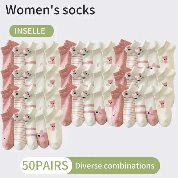 Women Cartoon Patterned Low Tube Socks - Random 50 pairs / One Size