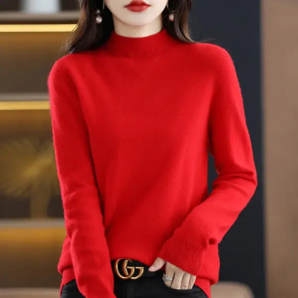 Womens Wool Mock Neck Pullover Sweater - hong ban gao / M