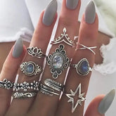 11-Piece Bohemian Vintage Ring Set – Silver Gothic Carved Feathers Flowers Leaves & Butterfly for Women - Style 1