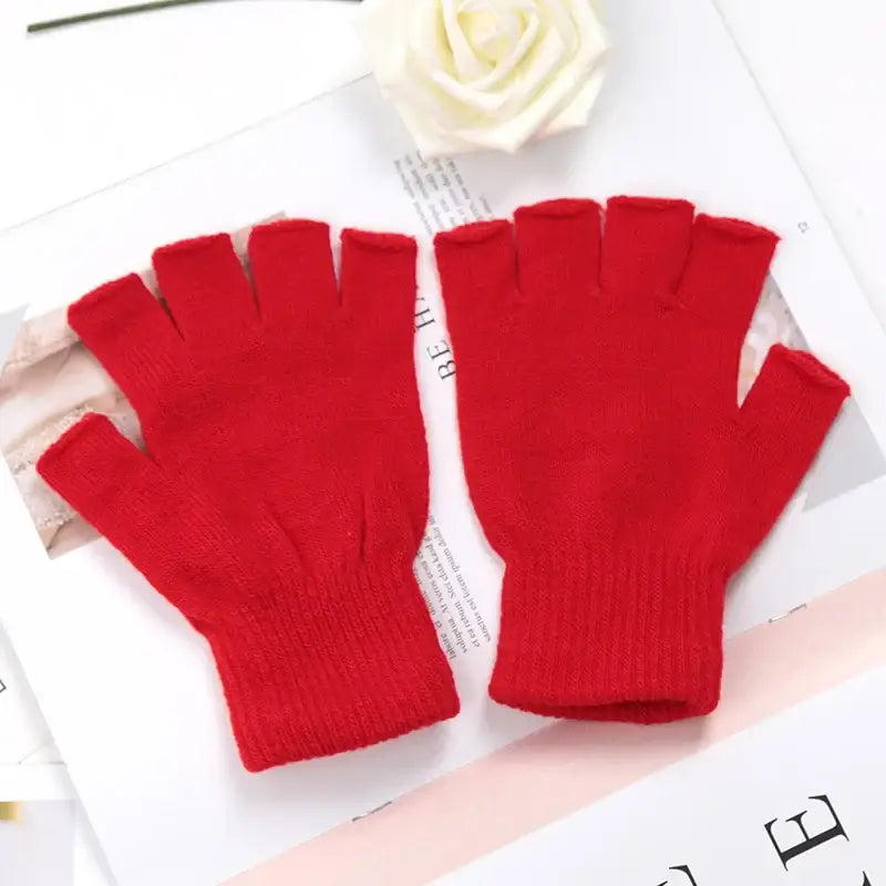 1Pair Unisex Black Half Finger Fingerless Gloves for Women and Men Wool Knit Wrist Cotton Winter Warm Work Mittens - Red