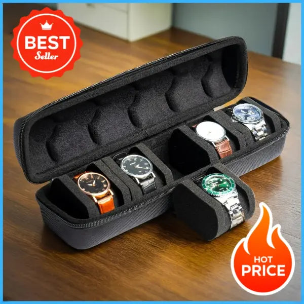 5-Slot Watch Case Hard Shell Black Travel Organizer - black