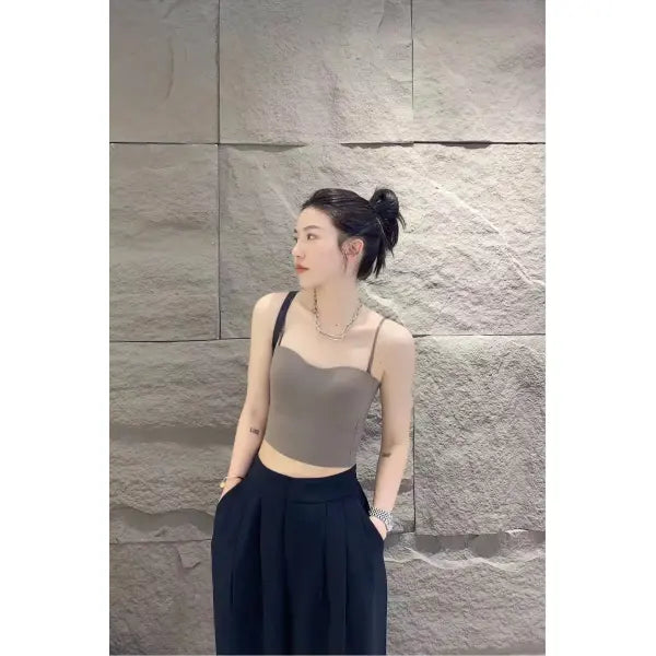 Knitted Yoga Gym Tank Bra Seamless Fixed Chest Padded Vest - Dark Grey / One Size