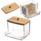 1Pcs Cotton Swab Holder Cotton Swab Dispenser with Bamboo Lids,Bamboo Bathroom Storage Jars Storage Containers Clear