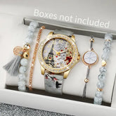 Quartz movement origin rhinestone flower watch with leather band