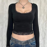 Women’s 2000s Fairy Grunge Long Sleeve Top – Vintage Lace Trim Slim Fit Y2K Harajuku Graphic Tee