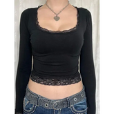 Women’s 2000s Fairy Grunge Long Sleeve Top – Vintage Lace Trim Slim Fit Y2K Harajuku Graphic T-Shirt - black / M