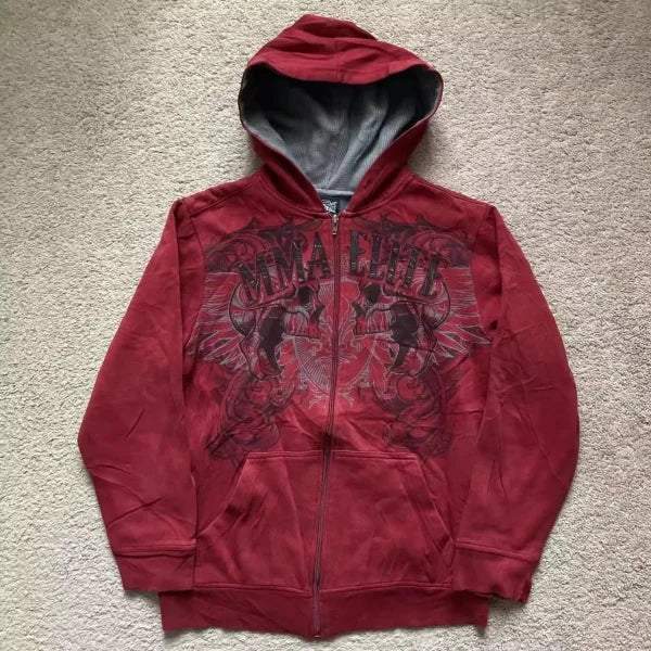 2000s Red Cotton Couple Zipper Hoodies - Vintage Y2K Sweatshirt - Himpall