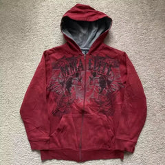 2000s Red Cotton Couple Zipper Hoodies - Vintage Y2K Sweatshirt - Himpall