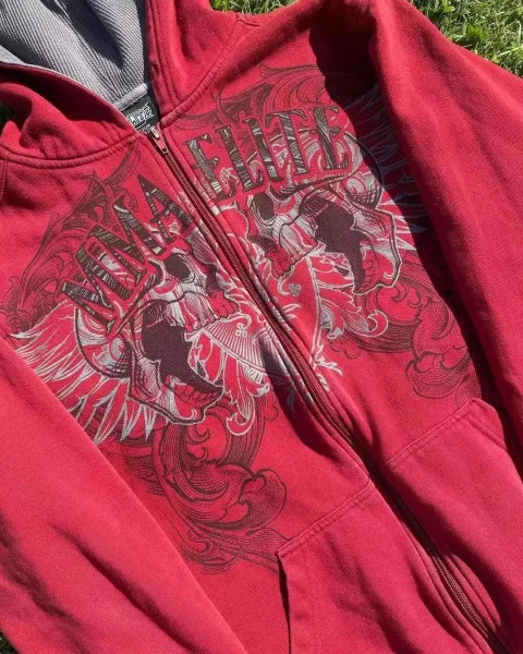 2000s Red Cotton Couple Zipper Hoodies - Vintage Y2K Sweatshirt - Himpall