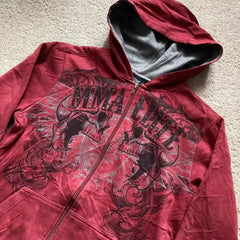 2000s Red Cotton Couple Zipper Hoodies - Vintage Y2K Sweatshirt - Himpall