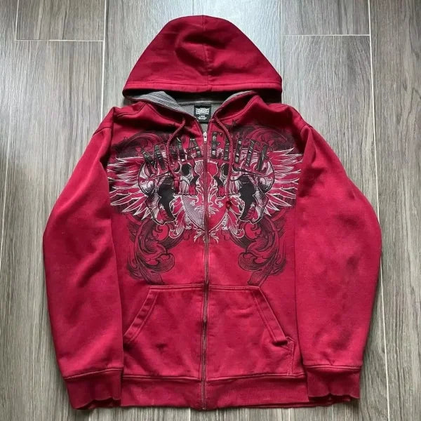 2000s Red Cotton Couple Zipper Hoodies - Vintage Y2K Sweatshirt - Himpall
