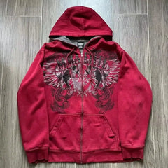 2000s Red Cotton Couple Zipper Hoodies - Vintage Y2K Sweatshirt - Himpall