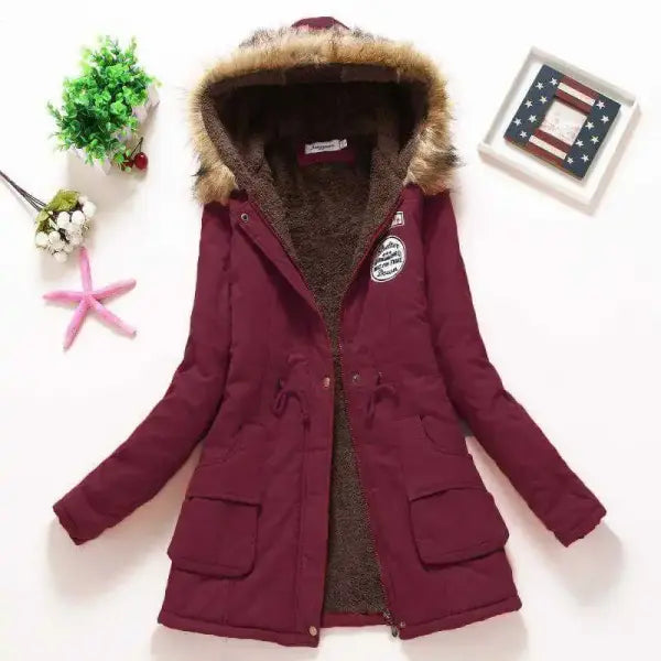 Women’s Long Hooded Broadcloth Jacket Padded Pockets Zippers - Wine Red / S
