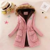 Women’s Long Hooded Broadcloth Jacket Padded Pockets Zippers - Pink / XL