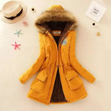 Women’s Long Hooded Broadcloth Jacket Padded Pockets Zippers - yellow / M