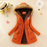 Women’s Long Hooded Broadcloth Jacket Padded Pockets Zippers - Orange / XL