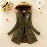 Women’s Long Hooded Broadcloth Jacket Padded Pockets Zippers - army green / XL