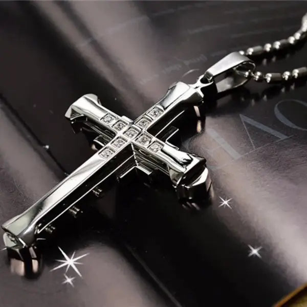 Male crystal cross zirconia stainless steel necklace with mood tracker