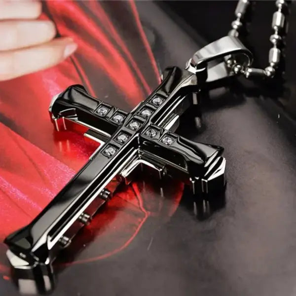 Male crystal cross zirconia stainless steel necklace with mood tracker