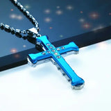 Male crystal cross zirconia stainless steel necklace with mood tracker - Blue