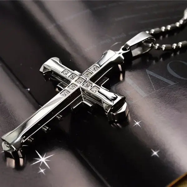 Male crystal cross zirconia stainless steel necklace with mood tracker - Silver