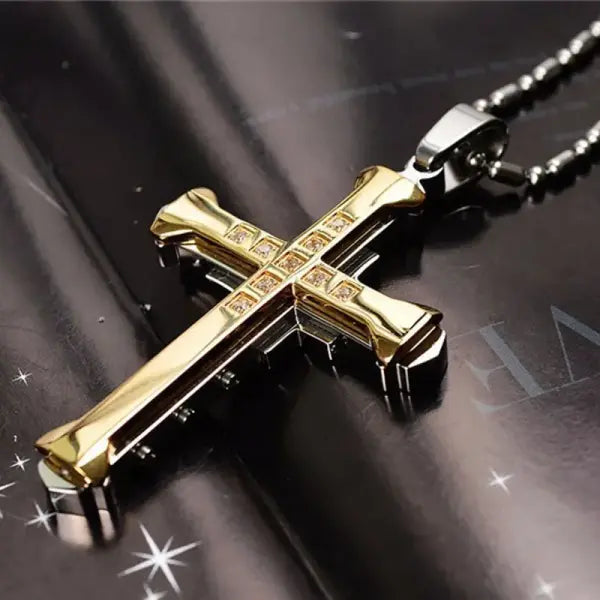 Male crystal cross zirconia stainless steel necklace with mood tracker - Gold