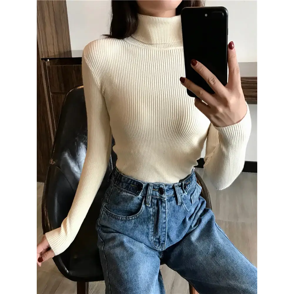 2025 Autumn Winter Thick Sweater Women Knitted Ribbed Pullover Sweater Long Sleeve Turtleneck Slim Jumper Soft Warm