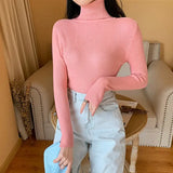 2025 Autumn Winter Women Long Sleeve Knitted Foldover Turtleneck Ribbed Pull Sweater Soft Warm Femme Jumper Pullover