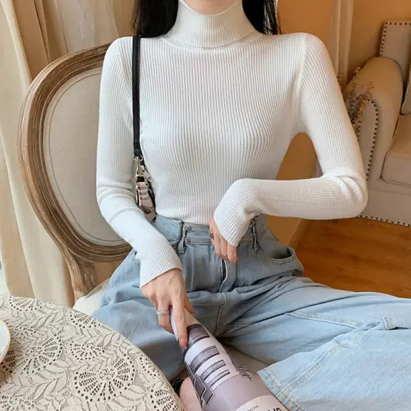 Autumn Winter Women Long Sleeve Knitted Turtleneck Pullover - white / One Size
