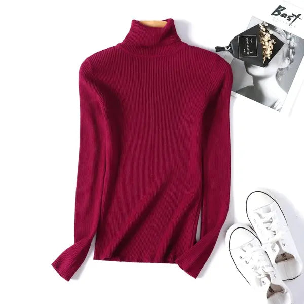 Autumn Winter Women Long Sleeve Knitted Turtleneck Pullover - Burgundy / One Size