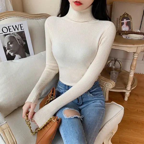Autumn Winter Women Long Sleeve Knitted Turtleneck Pullover - beige / One Size