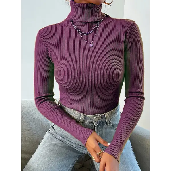 Autumn Winter Women Long Sleeve Knitted Turtleneck Pullover - Purple red / One Size