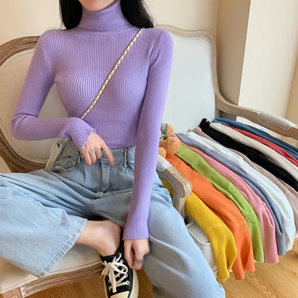 Autumn Winter Women Long Sleeve Knitted Turtleneck Pullover - purple / One Size