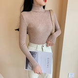 Autumn Winter Women Long Sleeve Knitted Turtleneck Pullover - light khaki / One Size