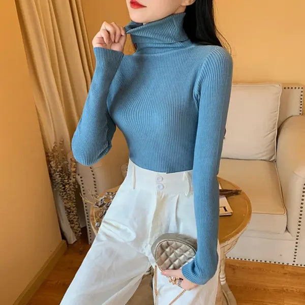 Autumn Winter Women Long Sleeve Knitted Turtleneck Pullover - blue / One Size