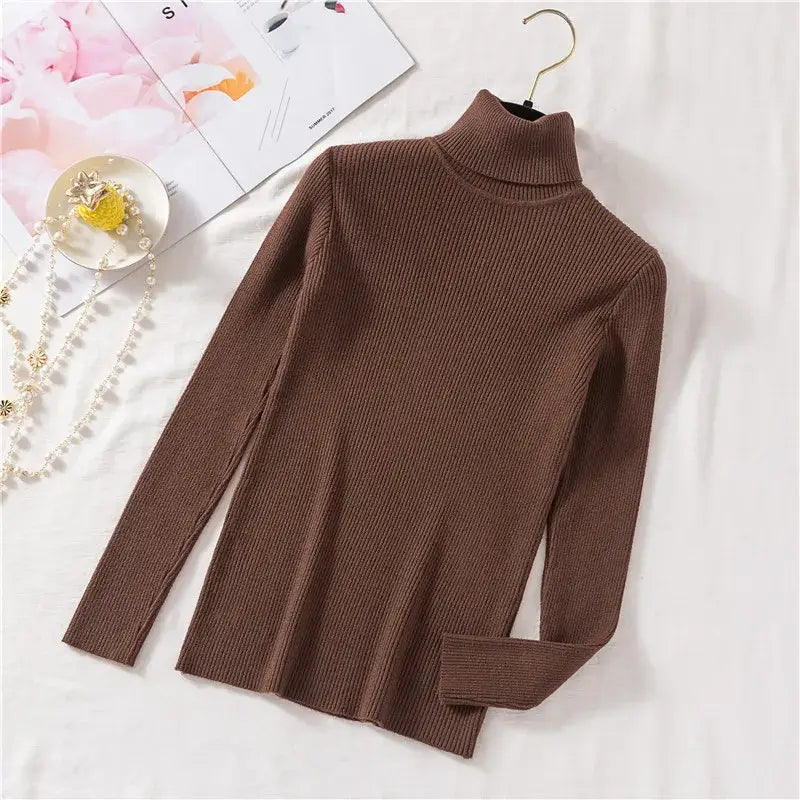 2025 Autumn Winter Women Long Sleeve Knitted Foldover Turtleneck Ribbed Pull Sweater Soft Warm Femme Jumper Pullover