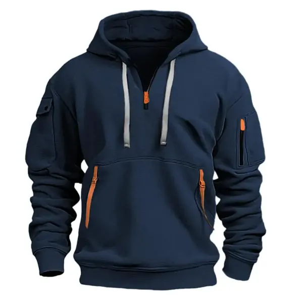 Men’s Zipper Fleece Hooded Casual Jacket - Navy Blue / XXXL