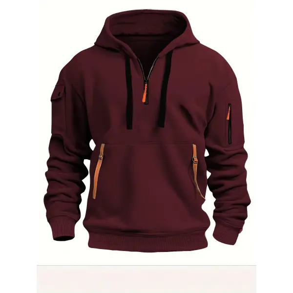 Men’s Zipper Fleece Hooded Casual Jacket - Burgundy / S