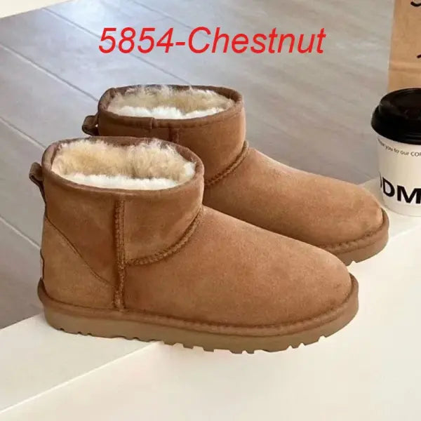 Womens Ankle Snow Boots Genuine Leather Origin Fur Shaft - 5854-Chestnut / 37