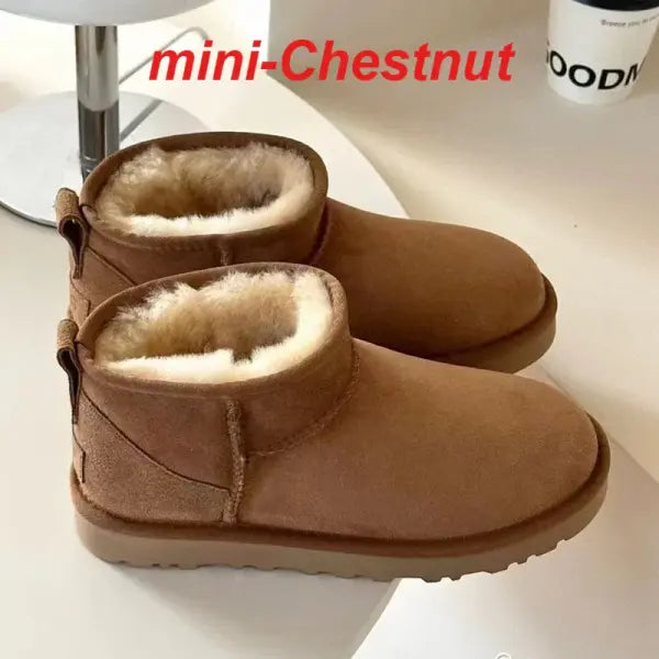 Womens Ankle Snow Boots Genuine Leather Origin Fur Shaft - mini-Chestnut / 37