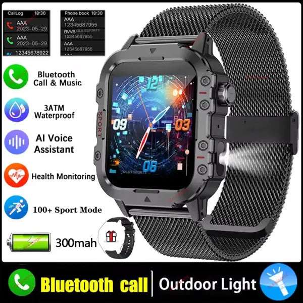 Rugged military smart watch LED flashlight for outdoor adventure - Black Milan 1.44
