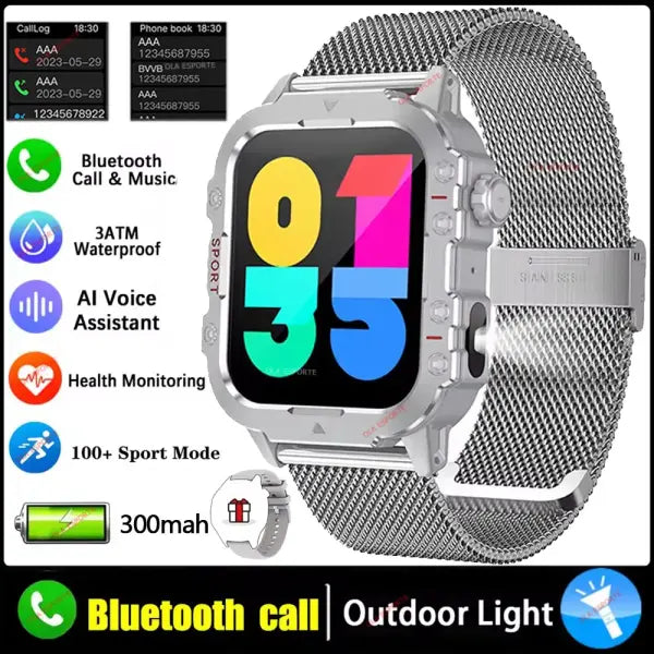 Rugged military smart watch LED flashlight for outdoor adventure - Silver Milan 1.44
