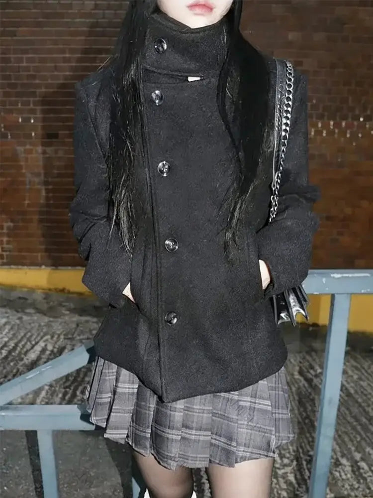 Minimalist retro stand asymmetrical button coat slim fit winter