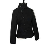 Minimalist retro stand asymmetrical button coat slim fit winter - black / S
