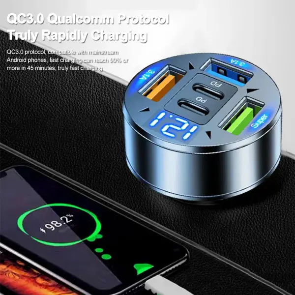 Fast Charging 5 Port Car Charger ABS with Voltage Display