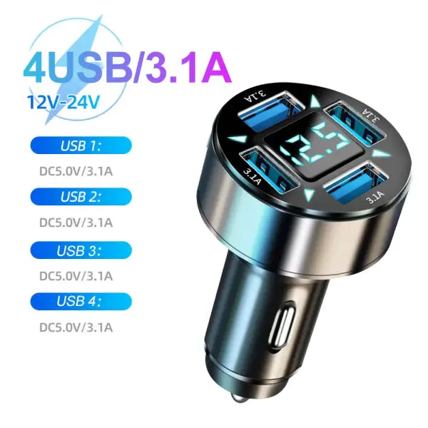 Fast Charging 5 Port Car Charger ABS with Voltage Display - 4USB