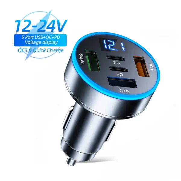 Fast Charging 5 Port Car Charger ABS with Voltage Display - With LED Light